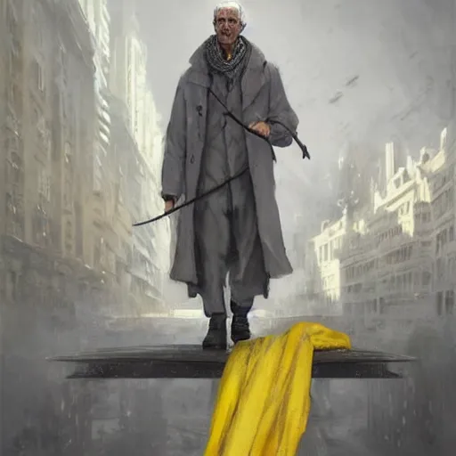 Image similar to luxury advertisement, a highly detailed epic cinematic concept art CG render digital painting artwork of an elderly professor in a grey coat with a long yellow scarf preaching for the revolution to start. By Greg Rutkowski, Ilya Kuvshinov, WLOP, Stanley Artgerm Lau, Ruan Jia and Fenghua Zhong, trending on ArtStation, made in Maya, Blender and Photoshop, octane render, excellent composition, cinematic dystopian soviet atmosphere, dynamic dramatic cinematic lighting, aesthetic, very inspirational, arthouse