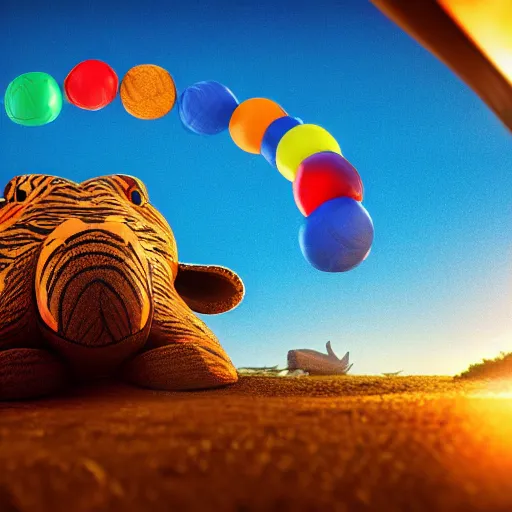 Image similar to a closeup photorealistic photograph of a cute smiling knitted tiger hippopotamus chasing a beachball at sunset. surf in the background. professional capture. this 4 k hd image is trending on artstation, featured on behance, well - rendered, extra crisp, features intricate detail, epic composition and the style of unreal engine.