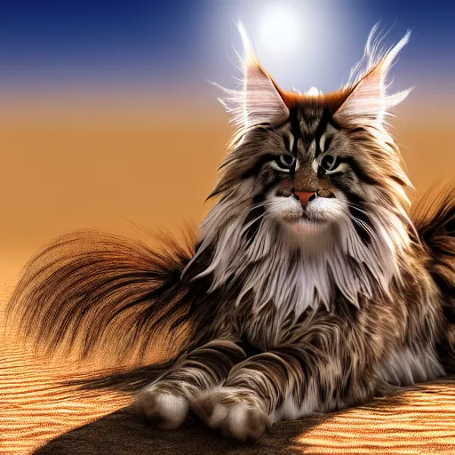 Prompt: Fluffy Maine Coon riding a poney in the desert. Highly realistic. Highly detailed. High resolution. 4k. 8k