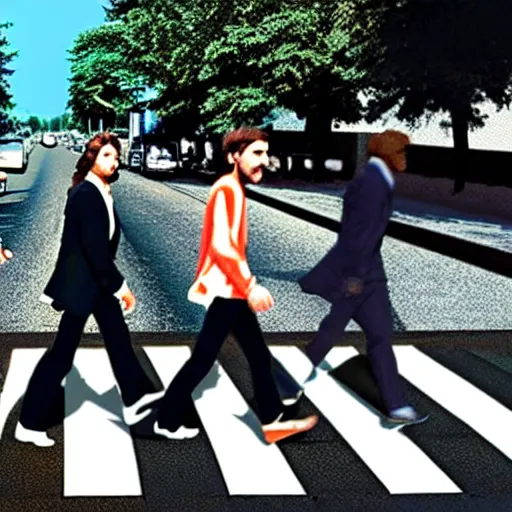 Image similar to 4 men walking on crosswalk on abbey road, city, digital art, 8 k.