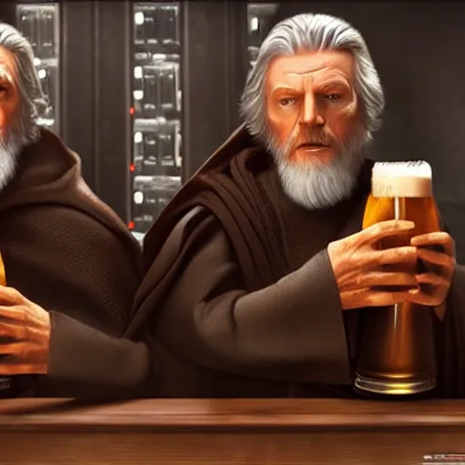 Prompt: star wars palpatine and obi wan drin beer in a sci - fi bar, movie still, screenshot, photorealistic painting, fanart, highly detailed