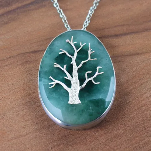 Image similar to solidity and eternity embroidered plane - tree necklace with jade stone, hyper realistic