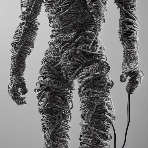 Image similar to a man made out of usb cables, full body shot, realistic shot, intricate details, ultra - realistic, atmospheric shot, expressive, artistic, trending on artstation, 4 k.