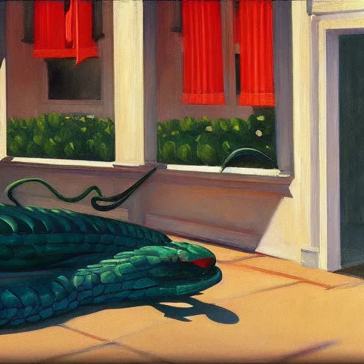 Image similar to high quality, high detail painting by edward hopper, high garden scene with quetzalcoatl, hd, muted lighting