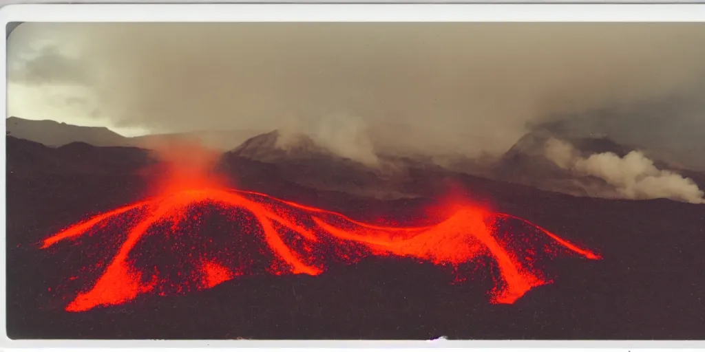 Image similar to polaroid photo of a vulcanic eruption, bright red lava, mountains in the background, clouds in the sky, a lot of smoke