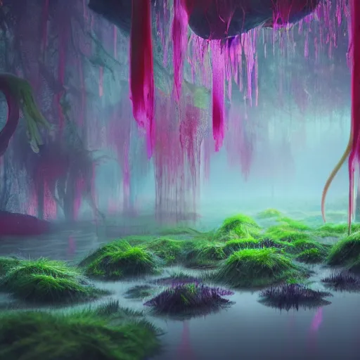 Prompt: a gloomy swamp of celestial moss surrounded by colorful mist with eerie eyes glowing in the shadows and jellyfish flying in the air, ambient occlusion, clean lineart and color, vibrant, trending on Artstation, digital art, cinematic, hyper realism, high detail, octane render, 4k, 8k