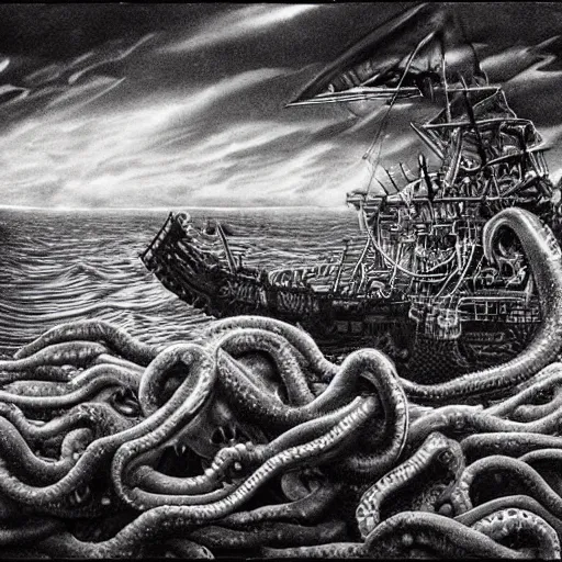 Prompt: a highly detailed hyperrealistic scene of a ship being attacked by giant squid tentacles, ultra realistic, jellyfish, squid attack, dark, voluminous clouds, thunder, stormy seas, pirate ship, dark, high contrast, yoji shinkawa, scary, m.c. Escher, highly detailed, brutal, beautiful, octopus arms attacking the ship from the storm, illusion, artgerm