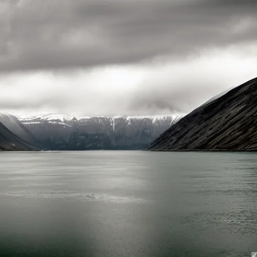 Prompt: a fjord in kazakhstan with a large satanic damn at the end of it. grainy, surreal, overcast sky.