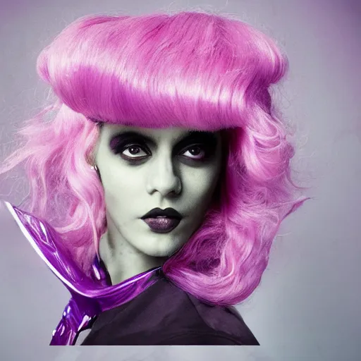 Image similar to a woman with pink hair wearing a purple dress, an album cover by Hedi Xandt, featured on tumblr, afrofuturism, made of rubber, made of plastic, elite