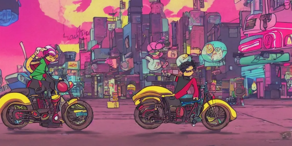 Image similar to sponge bob akira, riding a motorcycle on the neonpunk street.