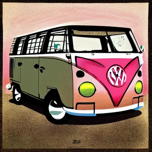 Image similar to illustration of an old van volkswagen, may 6 8, pastel colors, cool, hippie by studio muti