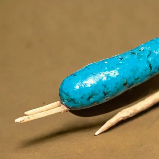 Prompt: a small turquoise sausage - shaped creature with two elongated stick - like heads from the front of its body