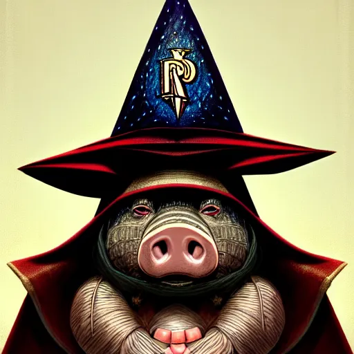 Prompt: rpg! profile!!! portrait of humanoid pig on white background, wizard hat, wizard cloak, surreal, vintage doll, intricate, highly detailed, digital painting, artstation, concept art, smooth, sharp focus, illustration, art by norman rockwell emiliano ponzi andrey remnev yoann lossel aaron jasinski, 8 k