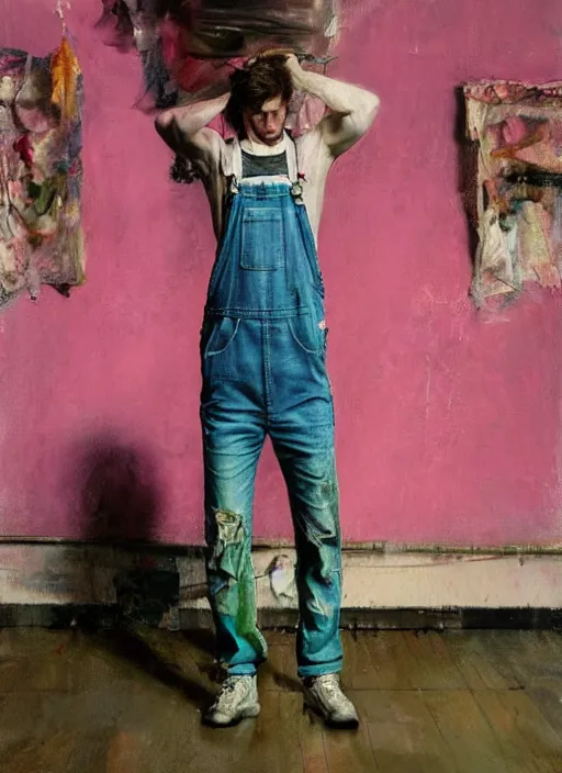 Prompt: an insane, skinny, artist wearing torn overalls, expressive emotions, inside a grand messy studio, depth of field, hauntingly surreal, highly detailed oil painting, by francis bacon, edward hopper, adrian ghenie, glenn brown, soft light 4 k in pink, green and blue colour palette, cinematic composition, cinematic lighting, high quality octane render, masterpiece