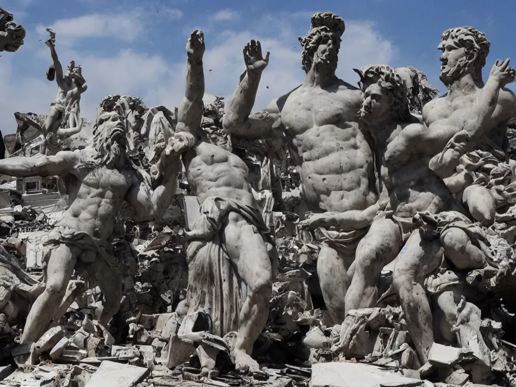 Image similar to giant greek statues attacking a city, ciry destruction ruins, debris flying around, swirls of fire