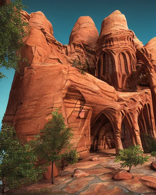 Image similar to beautiful dwelling complex of sandstone, built in red rock canyon, a fusion of star wars and gothic revival architecture, natural volumetric lighting, realistic high detail 4 k render