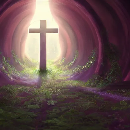 Prompt: a christian cross as the light at the end of the tunnel, with pale purple and pale pink lighting, cute, aesthetic, anime, with a few vines and overgrowth, studio ghibli, cinematic, painting, high definition, digital art, symmetrical, very detailed, extremely high detail, photo realistic, concept art, unreal engine 5,