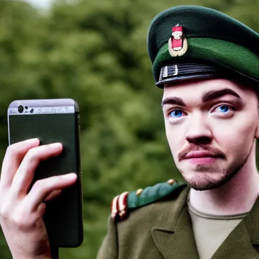 Image similar to Jacksepticeye wearing an Irish Military uniform, photorealistic, cinematic lighting, shot on iphone