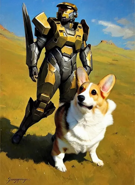 Prompt: Greg Manchess painting of a Corgi wearing Forerunner Armor from Halo, countryside, calm, fantasy character portrait, dynamic pose, above view, sunny day, artwork by Jeremy Lipkin and Giuseppe Dangelico Pino and Michael Garmash and Rob Rey, very coherent asymmetrical artwork, sharp edges, perfect face, simple form, 100mm