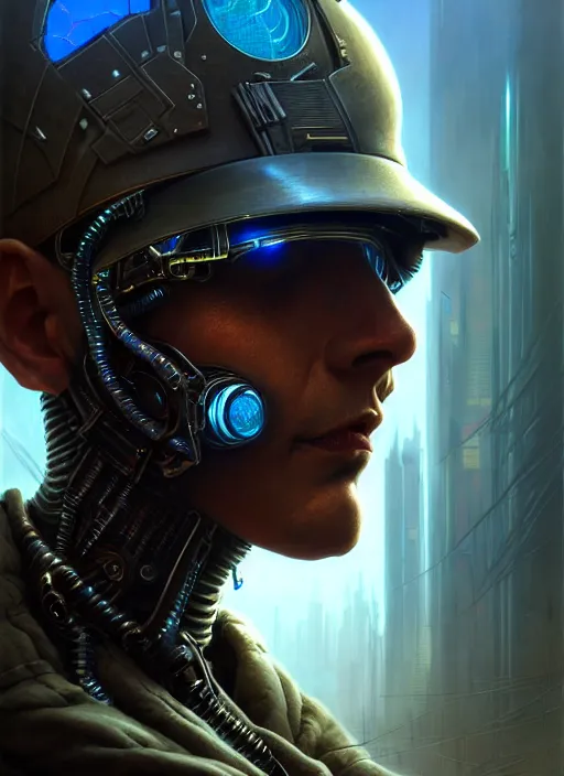 Image similar to closeup portrait shot of a cyberpunk soldier in a scenic dystopian environment, intricate, elegant, highly detailed, centered, digital painting, artstation, concept art, smooth, sharp focus, illustration, artgerm, tomasz alen kopera, peter mohrbacher, donato giancola, joseph christian leyendecker, wlop, boris vallejo