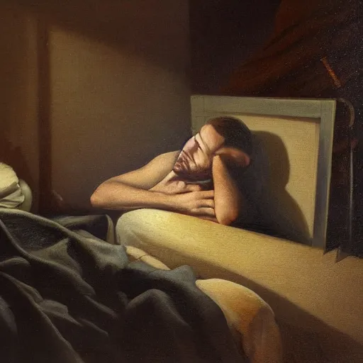 Prompt: a guy is laying inside his comfortable bed at night time and is staring at his dark bedroom ceiling, because its the only thing that understands his feelings and wont leave him, 8k, high detailed oilpainting