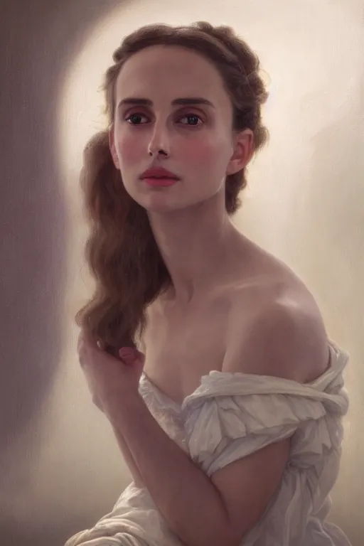 Prompt: Nathalie Portman portrait, loving amber eyes, a shy face, style portrait painting of François Boucher, Oil Painting, unreal 5, DAZ, hyperrealistic, octane render, Regal, Refined, Detailed Digital Art, RPG portrait, William-Adolphe Bouguereau, Michael Cheval, dynamic lighting, Highly Detailed, Cinematic Lighting, Unreal Engine, 8k, HD