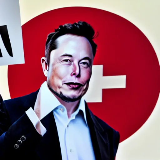 Prompt: a medium shot photograph of elon musk holding a sign with the word soon on it, 4k, ultra HD