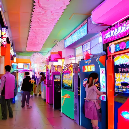 Prompt: a bunch of people at a japanese arcade pastel colors