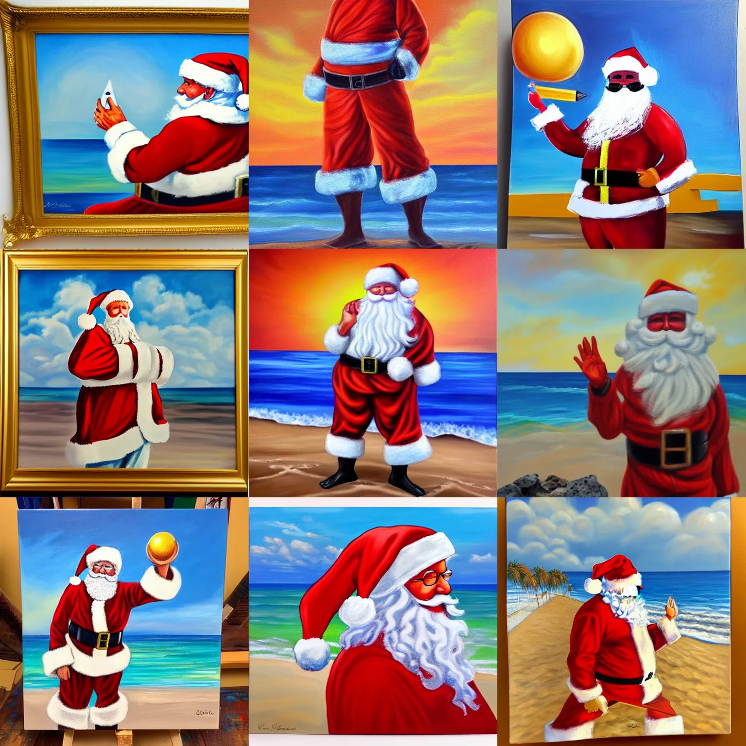 Prompt: subject : santa calus on the beach style : ultra realistic painting, colours : warmth and vibrant, weather : storm