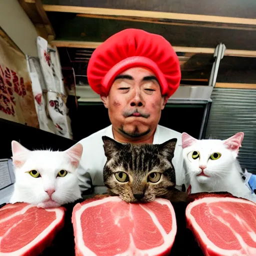 Image similar to angry japanese butcher slices meat next to two cute cats looking at him