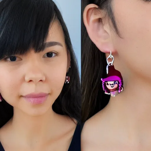 Image similar to beautiful girl wearing earrings made of cute monsters