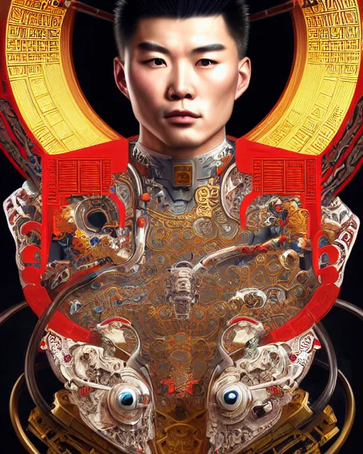 Image similar to portrait of a chinese masculine male cyberpunk machine, machine face, upper half portrait, decorated with chinese opera motifs, muscular, asian, fine china, wuxia, traditional chinese art intricate intense elegant 京 剧 highly detailed digital painting artstation concept art smooth sharp focus illustration, art by artgerm and greg rutkowski alphonse mucha 8 k