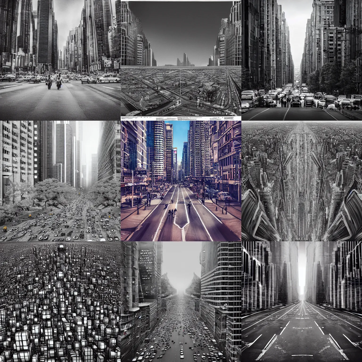 Prompt: surreal mega city from the point of view of a pedestrian