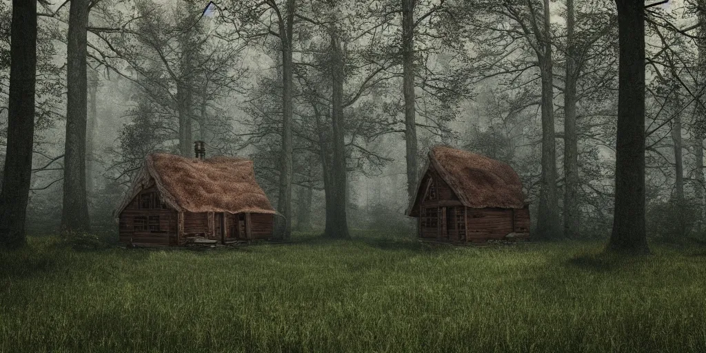 Image similar to lone cottage in the woods and empty woods, 8k, fantasy, hyper realistic, atmospheric, cinematic