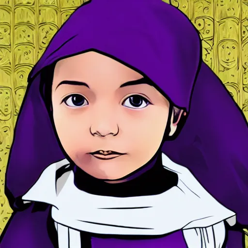 Prompt: little boy wearing nun outfit, purple and black color palate, artwork in western comic art style, inspired in hirohiko araki