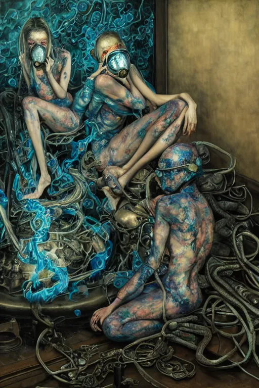 Image similar to two exhausted, skinny, fleshy figures, wearing ornate gas masks and silky green and blue scrubs, sit next to a fireplace with swirling blue flames inside a deserted hospital, ayami kojima, karol bak, hauntingly surreal, highly detailed painting part by james jean, jenny saville, soft light 4 k