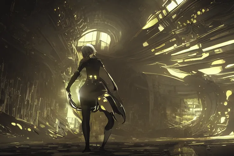 Image similar to nier automata concept scenery. antiinfinity gold trim. antimirror pixiv scenery art. antibiomechanical nier automata. anticeramic antiextension. infinitely detailed. luminous! light! magic!