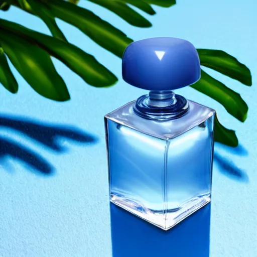 Prompt: perfume bottle standing in splashing tropical water, surrounded by leafy trees, light pastel blue sky and clouds in the background, softly - lit, soft - warm, zen, light, modern minimalist f 2 0 clean