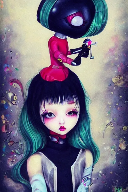 Image similar to pop surrealism, lowbrow cute girl painting, hyper realism, robotic girl, japanese street fashion