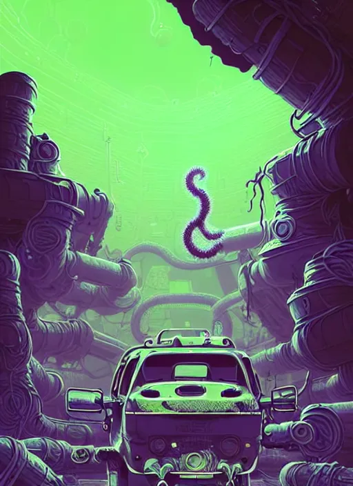 Image similar to highly detailed portrait of a lonely wasteland punk long dripping curly brown nuclear hair tribal lady, stray green slime hoses by atey ghailan, james gilleard, by joe fenton, by greg rutkowski, by greg tocchini, by kaethe butcher, 4 k resolution, gradient purple, brown black and white color scheme!!! ( ( green flaming robotic sewer background ) )