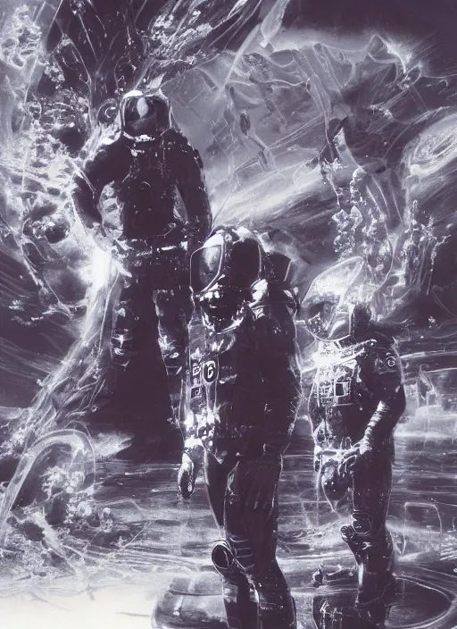 Image similar to astronauts in dark and empty void underwater - complex and hyperdetailed technical suit. reflection and dispersion materials. rays and dispersion of light. volumetric light. 5 0 mm, f / 3 2. noise film photo. flash photography. ultra realistic, wide angle. poster by wayne barlowe, hajime sorayama aaron horkey, craig mullins