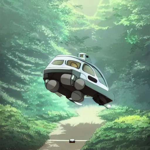 Image similar to flying car in futuristic spiritual mystical post apocalyptic forest, studio ghibli, beautiful, crisp