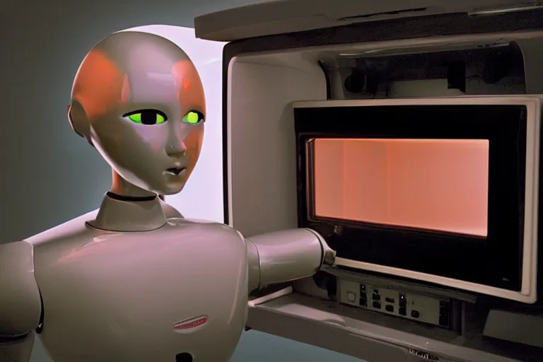 Image similar to humanoid robot sticking her head inside of a microwave, from 2001, bathed in the glow of a crt television, low-light photograph, in the style of jack bridgeland