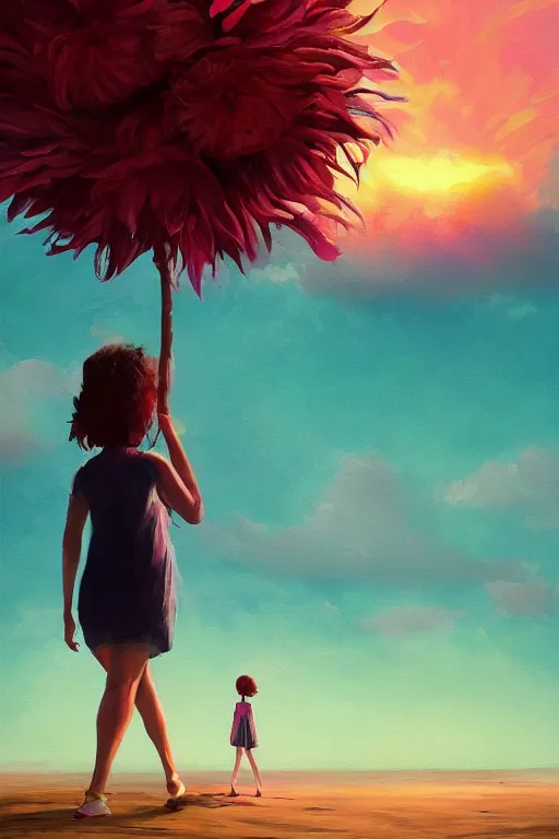 Image similar to giant flower head, girl walking on a beach, surreal photography, sunrise, dramatic light, impressionist painting, colorful clouds, digital painting, artstation, simon stalenhag