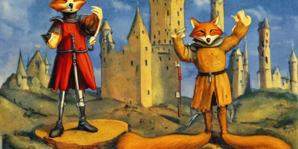 Image similar to anthropomorphic fox who is a medieval knight in front of a castle 1 9 3 0 s film still, ladislas starevich