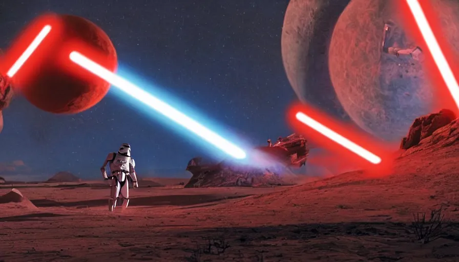 Image similar to iconic cinematic screenshot of sith planet, thriller scene from the star wars sci fi film directed by stanley kubrick, glowing lasers, 4 k, uhd film still, anamorphic lenses 2 4 mm, lens flare, award - winning