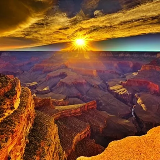 Prompt: beautiful photo of the Grand Canyon, golden hour, sundogs