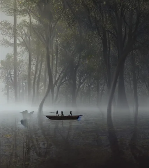 Image similar to three crows in a little boat in a swamp, volumetric lighting, fog, majestic light, octane render, ethereal glare of the sun, hyperrealistic, epic, masterpiece, by greg rutkowski