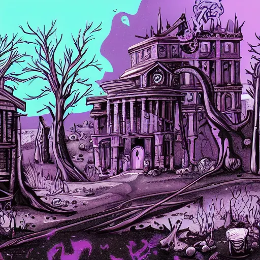 Prompt: purple magic, diseased sickness, taint infection, corruption spread, eldritch flux, wild plants, mutation, haunting, post apocalyptic, abandoned city