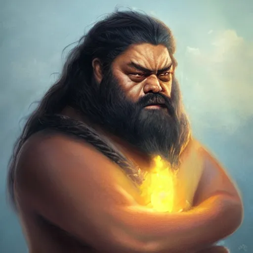 Prompt: a beautiful portrait of a Polynesian god based on Hagrid with glowing eyes by Greg Rutkowski and Raymond Swanland, Trending on Artstation, cloudy background, ultra realistic digital art